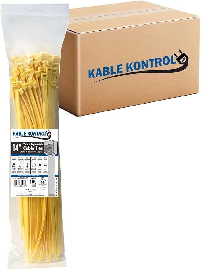 Kable Kontrol Cable Zip Ties, 14 Inch, 3500 Pcs, HD 120lbs Test, Yellow | Nylon Plastic, Self Locking, UL Listed, Indoor Use
