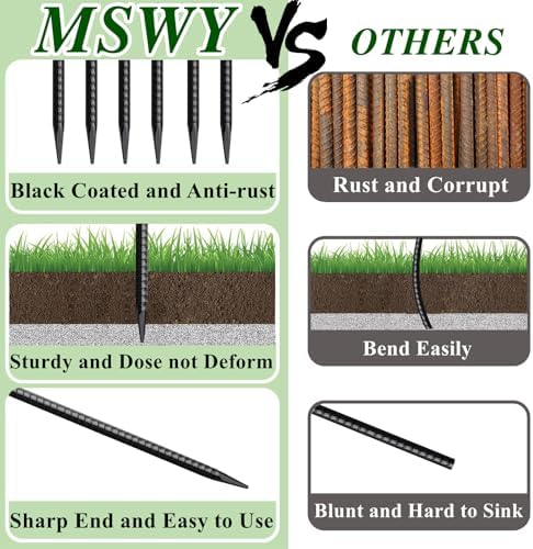 16 Inch Rebar Stakes 30 Pack Heavy Duty Ground Anchors with Chisel Point End Long Straight Steel Tent Stakes 3/8" Thickness Metal Spikes Black Coated for Concrete Timber Camping Garden Plant