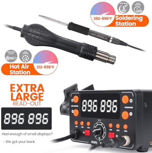 902D IV T12 Hot Air Soldering Station 2-IN-1 Kit with Extra Large Display, Small Silicone Work Mat, 2 Soldering Tips, 2 Lead-free Solder, Solder Sucker, ESD-Safe Tweezers
