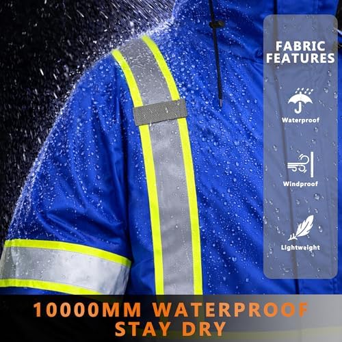 FATONE Hi Vis Rain Jacket for Men Lightweight Reflective Safety Rain Gear Waterproof with Hood, Class 3 Work Raincoat ANSI/ISEA Tested Blue L/XL