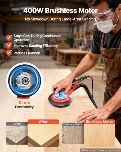 VEVOR 6-Inch Random Orbital Sander 400W Brushless Orbital Sander, 4000-10000RPM 7 Speeds Electric Palm Sanders with 10PCS Sandpapers, Dust Bag & Vacuum Hose for Woodworking Detailing Sanding
