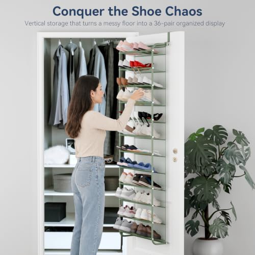 Whitmor 36 Pair Over the Door Shoe Rack,12 Tier Hanging Shoe Organizer with Metal Frame & Mesh shelves, Heavy Duty Shoe Storage Holder for Door,No Drill Installation, 74" H x 21.7" W x 7.5" D, Green