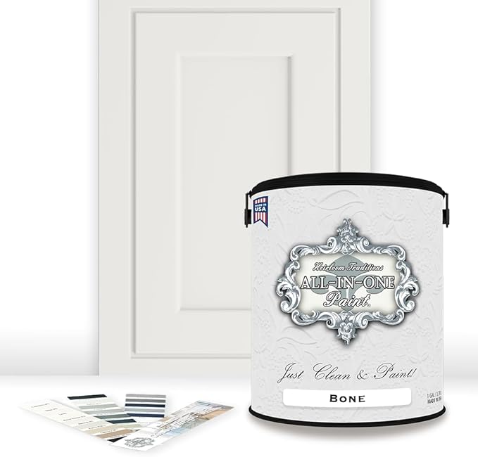 ALL-IN-ONE Paint by Heirloom Traditions, Bone (Off White), Gallon - Durable cabinet and furniture paint. Built in primer and top coat, no sanding needed. Includes our 30 featured color card.