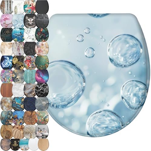 Sanilo Wooden Toilet Seat with Quick Release & Soft Close [ROUND] - Decorative & Slow Close Molded Wood Seat - With One Click for Easy Installation & Cleaning - With Adjustable Fit (Bubbles)