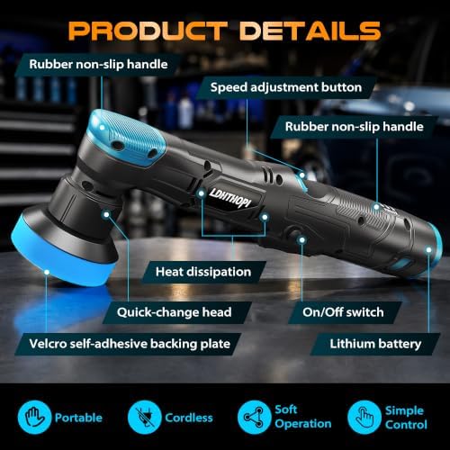 LDHTHOPI 73Pcs Cordless Mini Car Polisher Kit, 12V DA/RO Polisher, 6-Speed