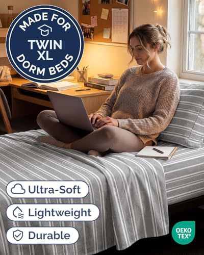 Twin XL Size 3 Piece Sheet Set - Breathable & Cooling Sheets - Grey Stripes
