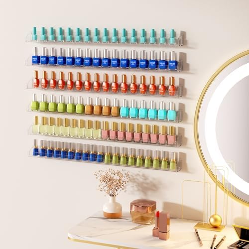 30 Inch Clear Nail Polish Wall Rack with Removable End Caps Set of 6, Acrylic Nail Polish Organizer Wall Mounted,Nail Polish Sorage Shelves for 192 Bottles (30 Inch)