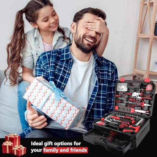 KingTool 276-Piece Tool Set Kit with 12V Cordless Power Drill (Red Black)