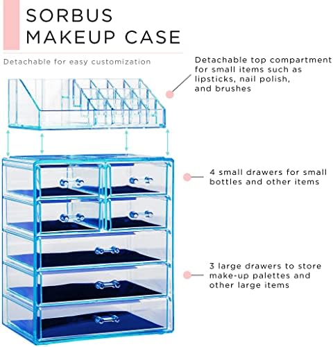 Sorbus Makeup Organizer, 7-Drawer Acrylic 2-Piece Set (Blue Brilliance)