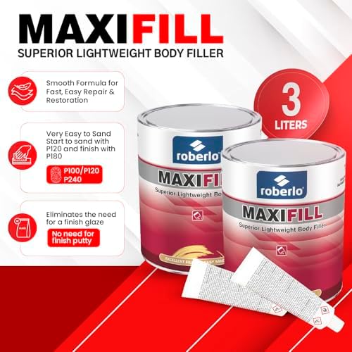 Roberlo Maxifill Superior Lightweight Body Filler with Hardener - Easy Sanding, Paintable Auto Body Filler for Car Repair - Ideal for Dents, Holes, Rust & Scratches - Pack of 2 x 3L