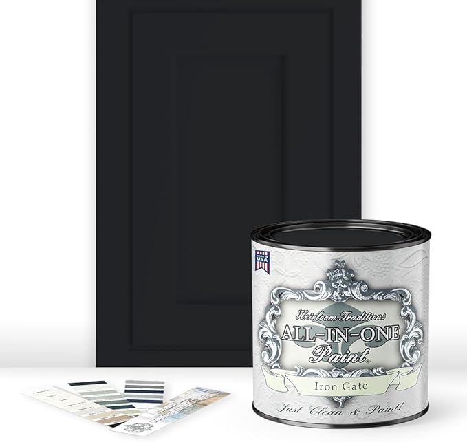 ALL-IN-ONE Paint by Heirloom Traditions, Iron Gate (Black), Quart - Durable cabinet and furniture paint. Built in primer and top coat, no sanding needed. Includes our 30 featured color card.