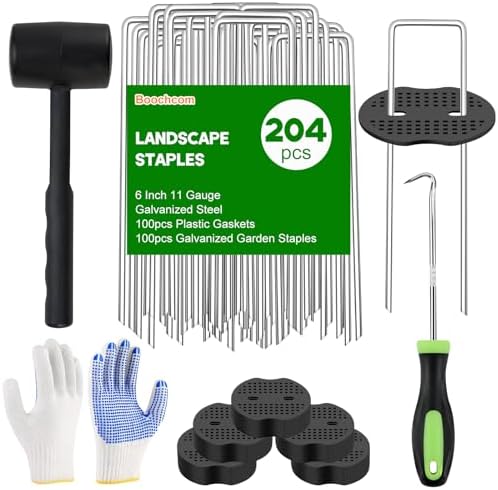 Ground Staples with Rubber Hammer,Pick Hook and Gloves,6Inch 100pcs Galvanized Garden Pegs+ 100pcs Gaskets,Anti-Rust,U-Shaped Lawn Spikes,Landscaping Fabric Pins for Weed Barrier,Yard Grass Cover