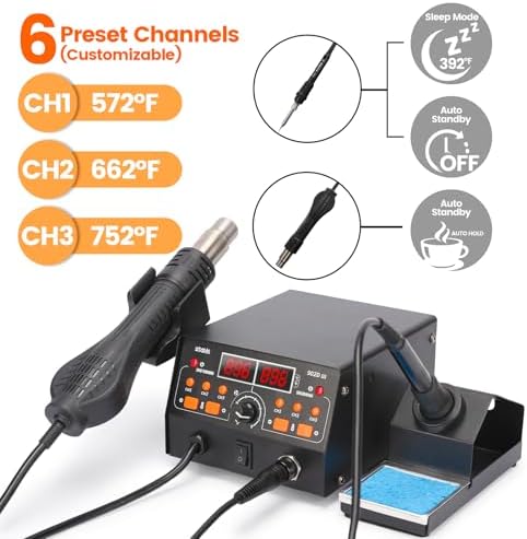902D III Hot Air Soldering Station 2-IN-1 Kit with 3 Preset Channels, Small Silicone Work Mat, 4 Soldering Tips, 2 Lead-free Solder, Solder Sucker, ESD-Safe Tweezers