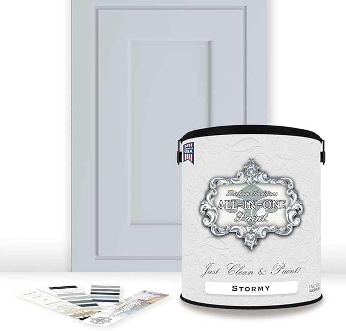 ALL-IN-ONE Paint by Heirloom Traditions, Stormy (Pastel Blue), Gallon - Durable cabinet and furniture paint. Built in primer and top coat, no sanding needed. Includes our 30 featured color card.
