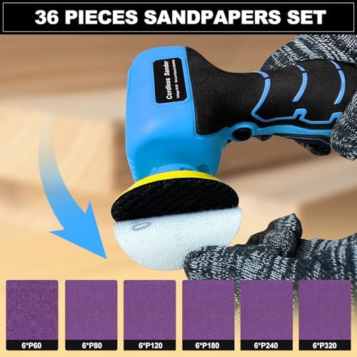 Cordless Electric Sander with 36PCS Sandpapers, 3500 RPM, 2000mAh Battery, Lightweight & Compact Design for Wood, Metal, Paint Removal, and DIY Projects