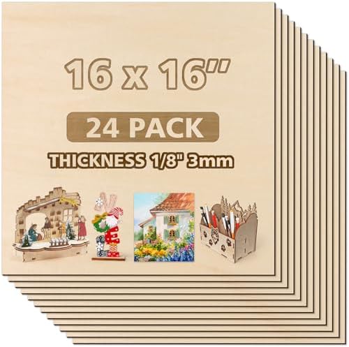 Adrattnay Basswood Sheets 3mm - 1/8 x 16 x 16 inch, 24pcs Square Laser Basswood Plywood for Laser Cutting & Engraving DIY Crafts, Wood Burning, Painting, Architectural Model Building