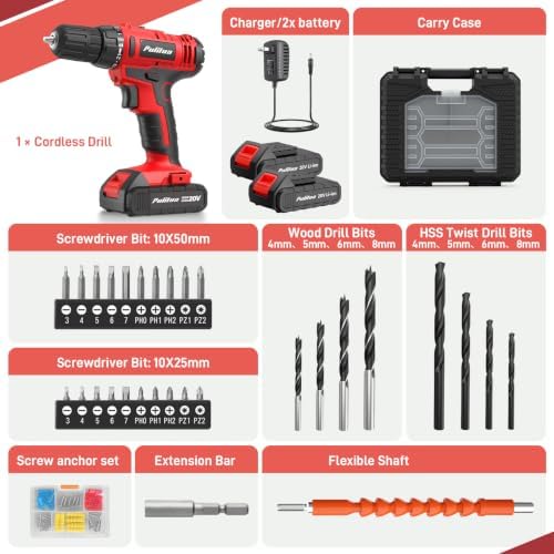 PULITUO 20V Cordless Drill Set, 2 Batteries Electric Screwdriver, 30Nm Power Drill Driver, 21+1 Torque, 2 Speed, 3/8"Keyless Chuck, power Drill with LED Light, Drill Driver Kit for Home (Red)