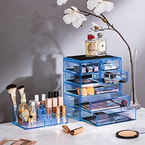 Sorbus Makeup Organizer, 7-Drawer Acrylic 2-Piece Set (Blue Brilliance)
