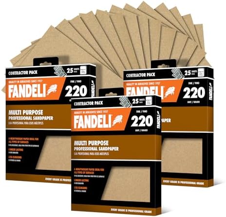 Fandeli | Multi-Purpose Sandpaper | 220 Grit Aluminum Oxide | 75 Sheets of 9'' x 11'' | Ideal for Metal and Wood | Compatible with Orbital Sanders, Brown