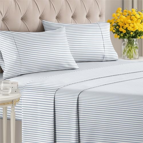 Cal King 4 Piece Striped Sheet Set - Breathable & Cooling - Ocean Stripe