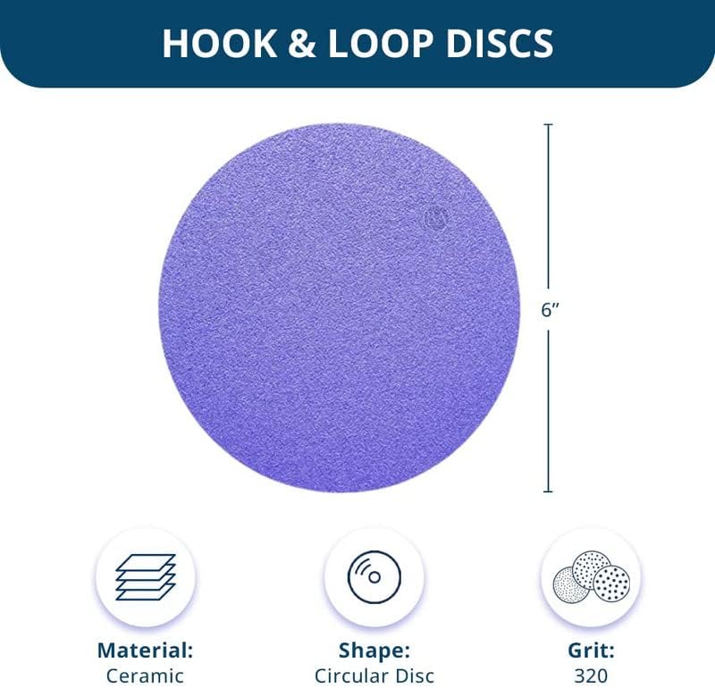 Benchmark Abrasives 6 Inch Sanding Discs Hook and Loop Ceramic No Holes Adhesive Sandpaper for Surface Blending, Automotive Metals Fiberglass - Orbital Sander Sandpaper (50 Discs), 320 Grit