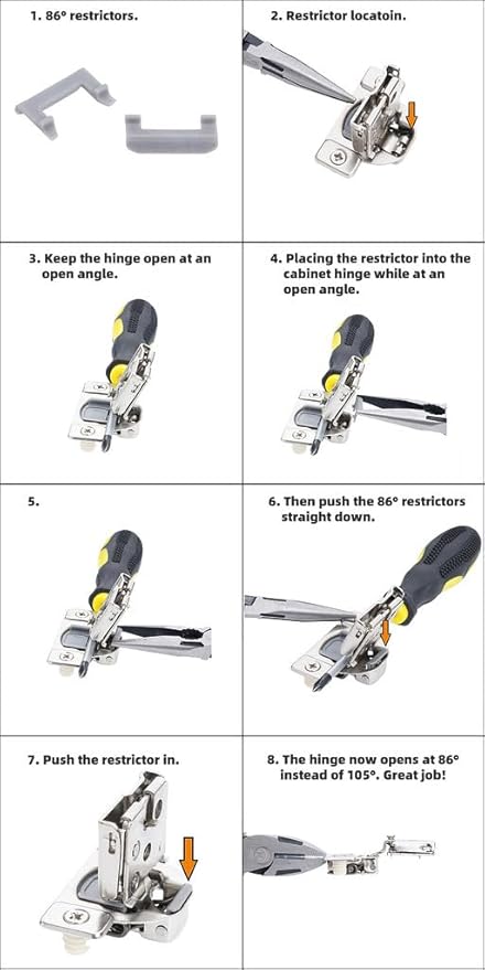 (Decobasics ONLY) Cabinet Restrictor Clips (30 Pack)- 86° Degree Angle Cabinet Door Hinge Restrictor Clip for Soft Close Hinge-90° Opening Kitchen Soft Close Cabinet Hinges Restraints Restriction Clip
