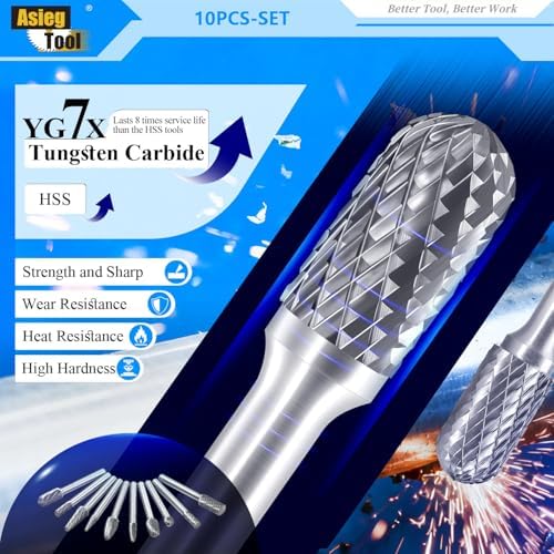 Carbide Burrs Set with 1/4''Shank Double Cut Solid Power Tools Tungsten Carbide Rotary Files Bits for Die Grinder Metal Wood Carving Engraving Polishing Drilling Grinding Milling Cutting 10pcs