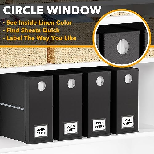 SpaceAid 4 Pack Bed Sheet Organizers and Storage, Foldable Sheet Organizer for Linen Closet, Sheets Set Folder Keeper with Window XL (Queen & King Size) Organizing Bedding Container, Black