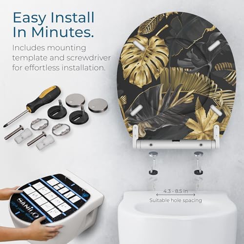 Sanilo Wooden Toilet Seat with Quick Release & Soft Close [ROUND] - Decorative & Slow Close Molded Wood Seat - With One Click for Easy Installation & Cleaning - With Adjustable Fit (Golden Leaves)