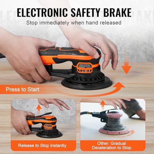 VEVOR Random Orbital Sander 5 & 6-Inch, 350W Brushless Orbital Sander, 10,000 PRM 6 Variable Speed Electric Palm Sander with 20PCS Sandpapers, Dust Connector & Hose for Woodworking Detailing Sanding