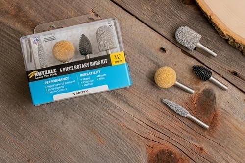 Kutzall 4-Piece Rotary Burr Kit - 1⁄4" Shaft, Variety Grit - Wood Carving Bits for Bosch, DeWalt, Milwaukee Tools - Structured Tungsten Carbide Wood Carving Bits