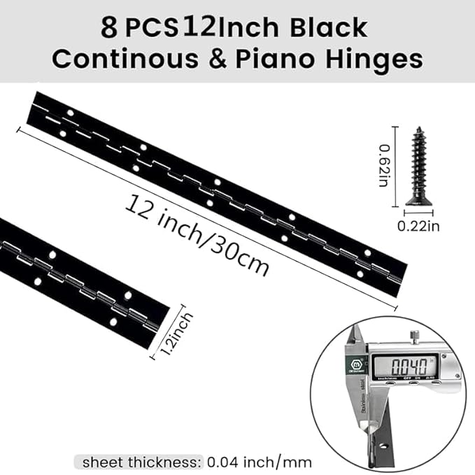12 Inch Black Continuous Piano Hinges 2 Pack, Heavy Duty Stainless Steel Furniture Hinges 0.05" Thickness 1.2" Open Width with 24 Mounting Screws for Folding Cabinet Doors