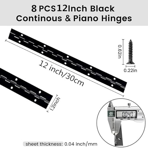 12 Inch Black Continuous Piano Hinges 2 Pack, Heavy Duty Stainless Steel Furniture Hinges 0.05" Thickness 1.2" Open Width with 24 Mounting Screws for Folding Cabinet Doors