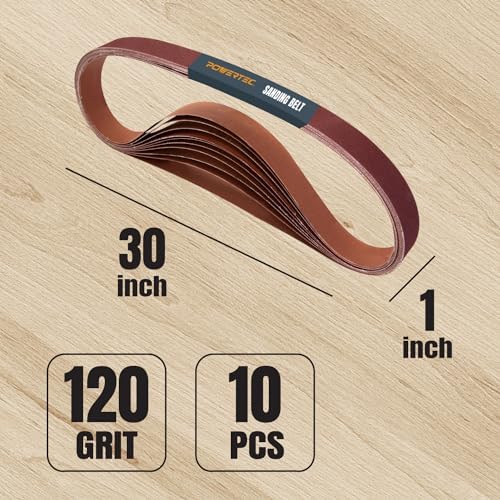 POWERTEC 1x30 Sanding Belts, 10PK, 120 Grit Aluminum Oxide 1 x 30 inch Sanding Belts for Belt Grinder, Belt and Disc Sander, Knife Sharpening, Woodworking, Metalworking (111310)