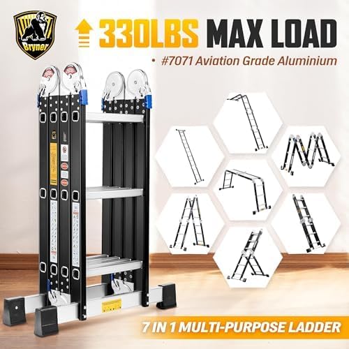 Step Ladder, Bryner Folding Ladder 19.6ft Multi-Purpose Aluminium Extension Ladders, 7 in 1 Folding Adjustable Telescoping Step Ladder 330lbs (12.0 Ft)