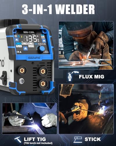 AZZUNO 135A MIG Welder 110V, 3-in-1 Gasless Flux Core MIG/Lift TIG/Stick
