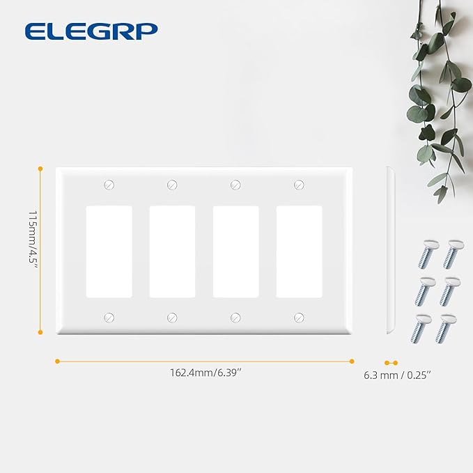 ELEGRP 4-Gang Decorative Wall Plates, Standard Size Unbreakable Thermoplastic Faceplate Cover for Decorator Receptacle Outlet Switch, UL Listed (2 Pack, Glossy White)
