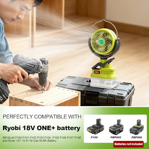 Portable Clip Fan for Ryobi 18V Battery(Battery Not Included), Battery Powered Fan with Dual USB Charging, Cordless Fan with Adjustable Head for Home, Outdoor,Camping and Job Site,Gifts for Men Dad