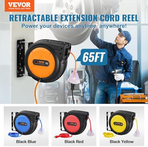 VEVOR 65FT Retractable Extension Cord Reel, Heavy Duty 12AWG/3C SJTOW Cord