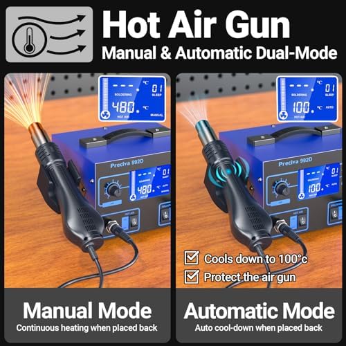Preciva 992D 2-in-1 Soldering & Hot Air Rework Station with LCD Display – PID Temperature Control, Auto/Manual Hot Air Mode, Sleep Function for Iron, SMD Rework, Electronics Repair (750W)