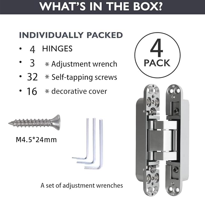 4-Pack 6 inch Hidden Door Hinges Heavy Duty Silver, Invisible Concealed Hinges Zinc Alloy 6''x 2.5''x1Inch, 180 Degree Swing Hinge, 3 Way Adjustable Hinge with Pins and Screws