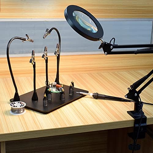 Helping hands Soldering with Magnifying Desk Lamp, PCB Circuit Board Holder, 3 Color Modes, 5-Diopter Real Glass Lens, Adjustable Swivel Arm & Heavy Duty Base Plate for Soldering