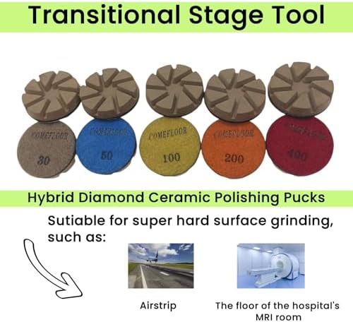 Hybrid Diamond Ceramic Polishing Pucks, Aggressive Concrete Terrazzo Floor Hook n Loop Grinding Pads, 3 Inch Long Using Life Transitional Discs,400# 9PCS