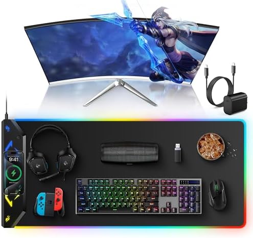 5-in-1 RGB Mouse Pad with Wireless Charging, Large Gaming Desk Mat, Black