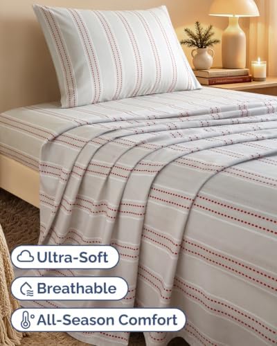 Christmas Sheet Set, Red Dot Stripe, Holiday Xmas Bedding Set - Twin Size