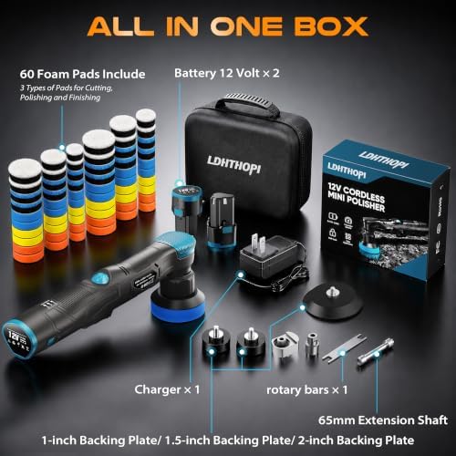 LDHTHOPI 73Pcs Cordless Mini Car Polisher Kit, 12V DA/RO Polisher, 6-Speed