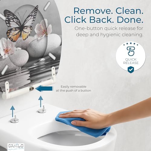 Sanilo Wooden Toilet Seat with Quick Release & Soft Close [ROUND] - Decorative & Slow Close Molded Wood Seat - With One Click for Easy Installation & Cleaning - With Adjustable Fit (Vanesa)