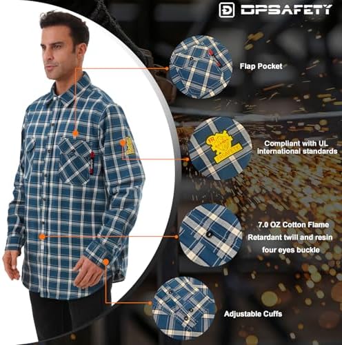 FR Shirts for Men 7oz Fire Resistant Shirts CAT2 Welding Shirt 100% Cotton Flame Resistant Shirt Blue/Plaid(Medium)