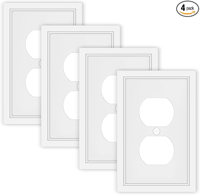 White Decorative Outlet Cover Wall Plates, Classic Switch Plates and Outlet Covers, Natural Bamboo Fiber Wall Plates for Electrical Outlets, Duplex Receptacle Cover - 4 Pack