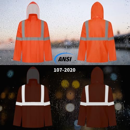 TCCFCCT Rain Suits for Men Waterproof Class 3 Reflective Rain Jacket with Hood, Lightweight Rain Coat for Men, High Visibility Rain Gear for Outdoor Activities, Durable, 2XL-3XL Orange NP